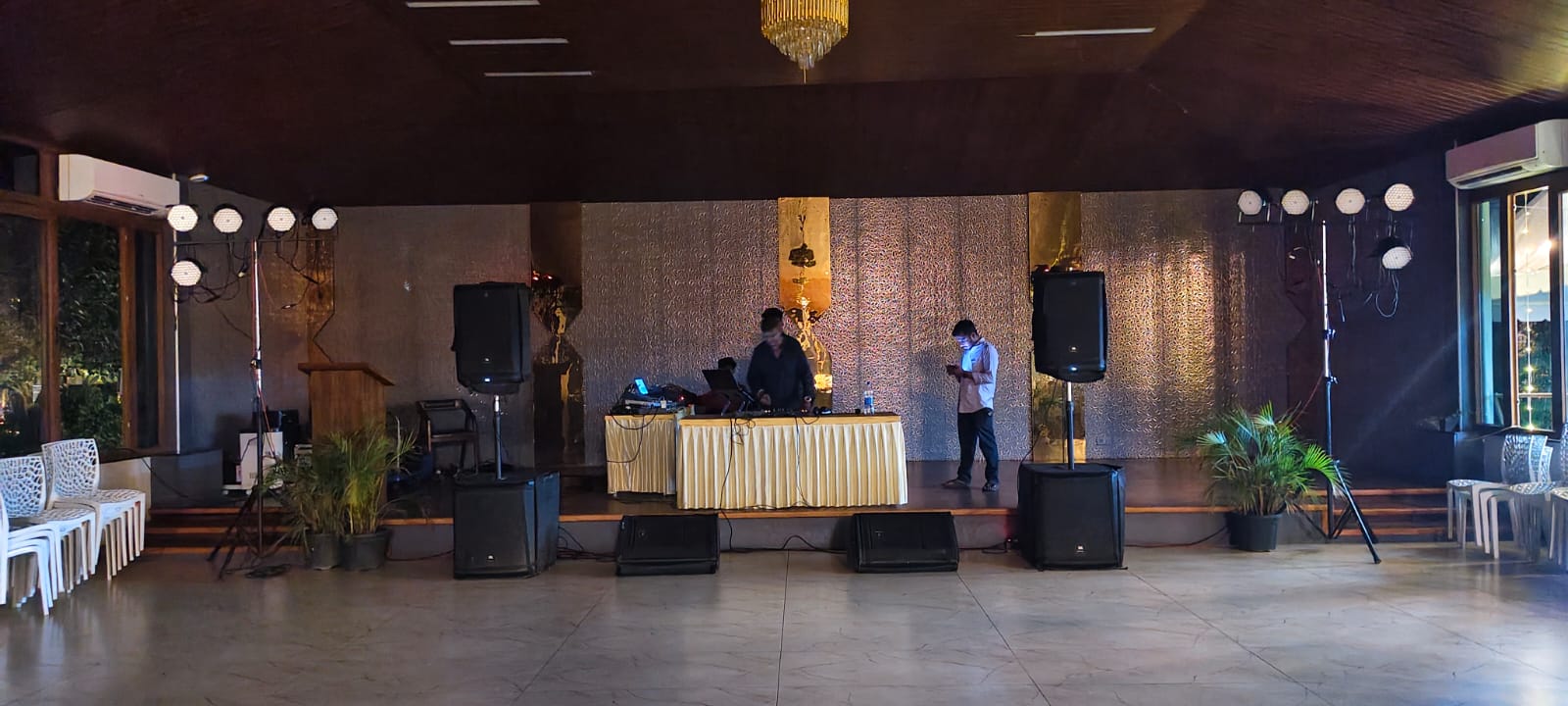 DJ speakers on rent in Koramangala — JBL speakers, subwoofers and stage monitors set up for a DJ event